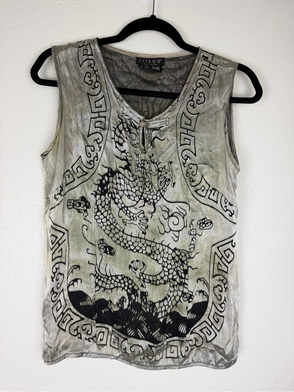 Vintage 90s Citron Silk Blend Dragon Print Sleeveless Blouse Shimmer Small